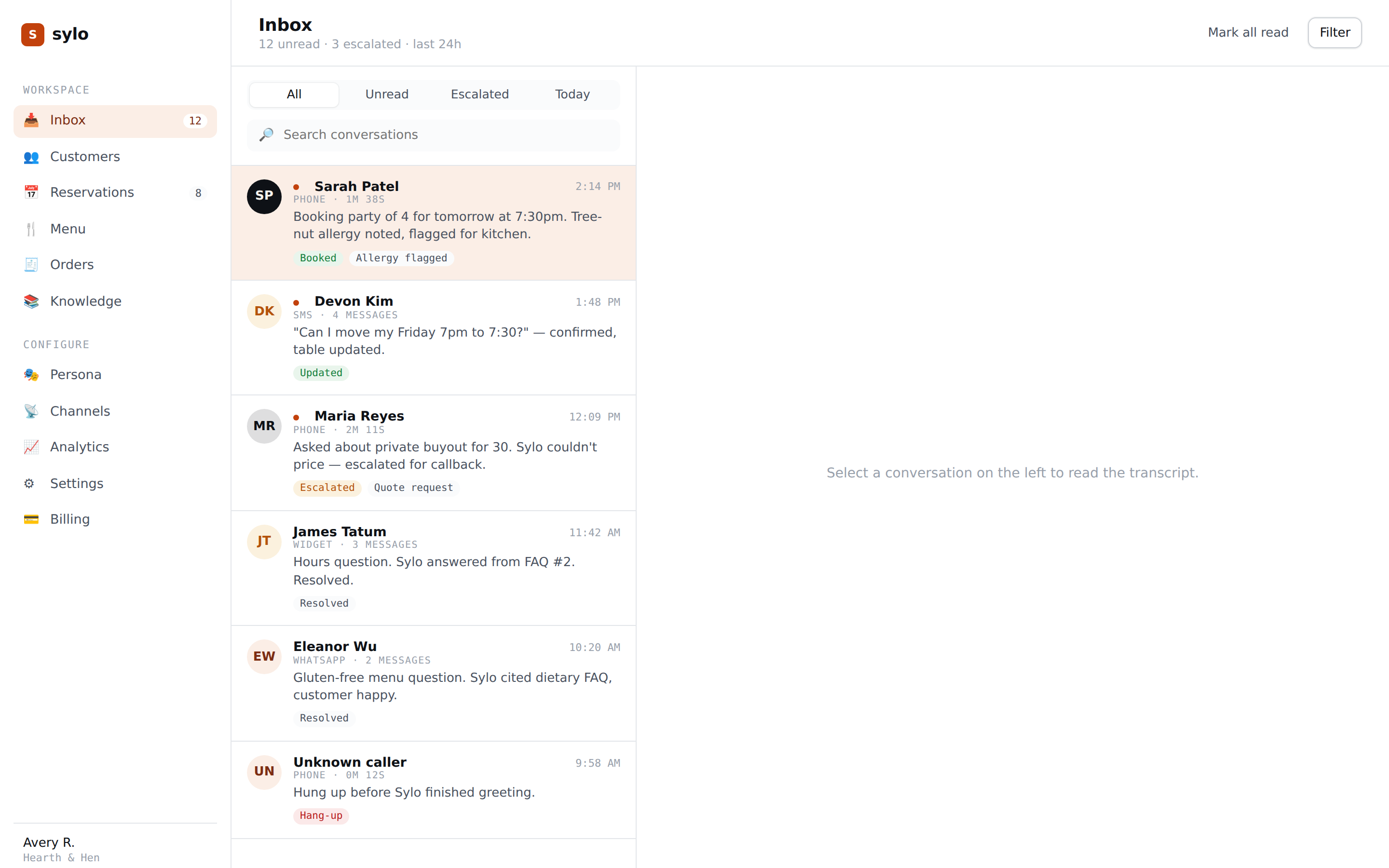 Screenshot of the Sylo dashboard inbox showing recent customer conversations across phone, SMS, WhatsApp, and web widget channels. Each row carries the AI's summary, status, and contextual tags.